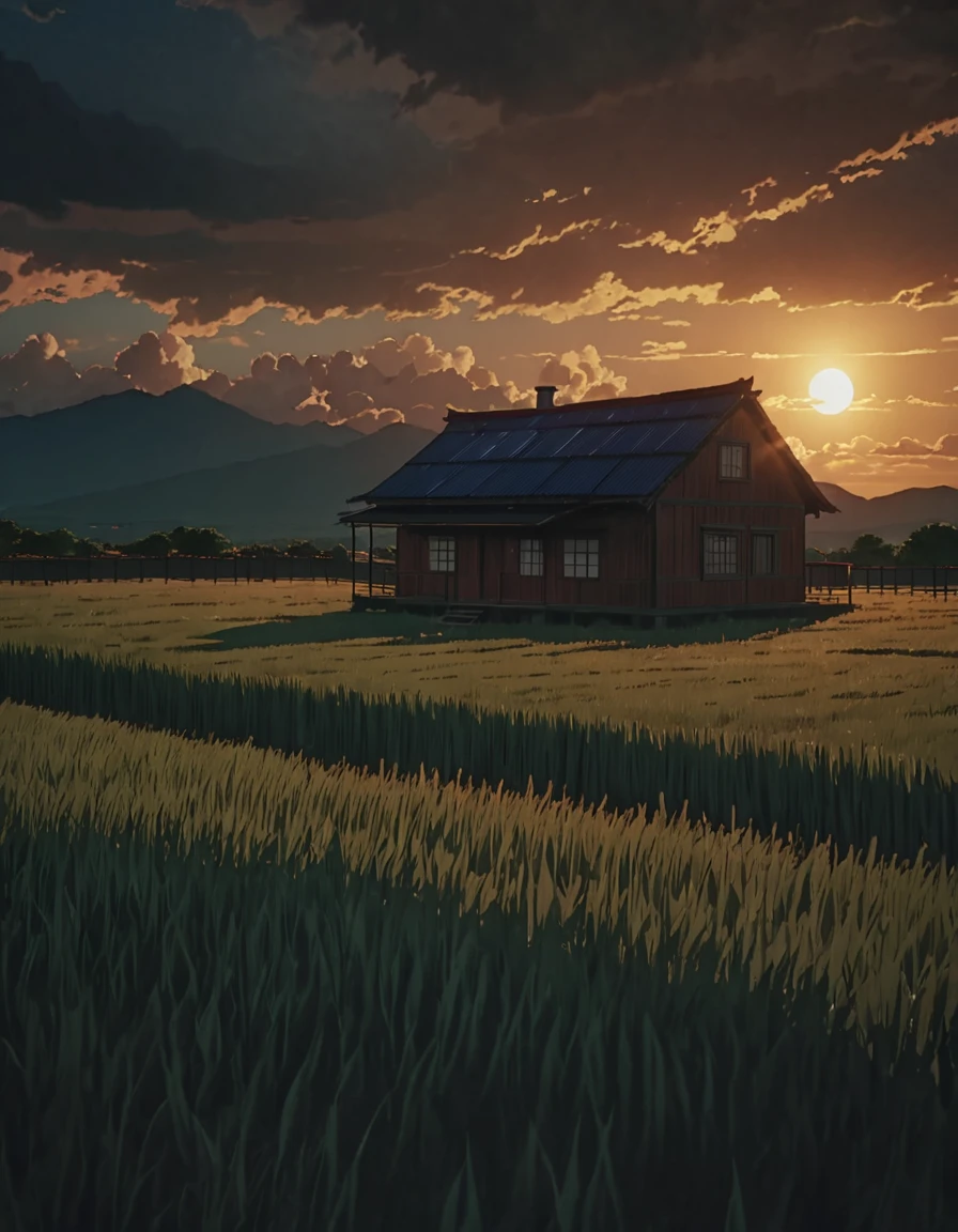 Masterpiece 8k Studio ghibli cabaña acogedoraMasterpiece 8k Studio ghibli cabaña acogedora A serene landscape of a grass field under a hellish sky with clouds. shadow, sunset natural light lighting!!!!! solar 8khdr!!!! shadow, sunset natural light lighting!!!!! noche media luna  8khdr!!!!