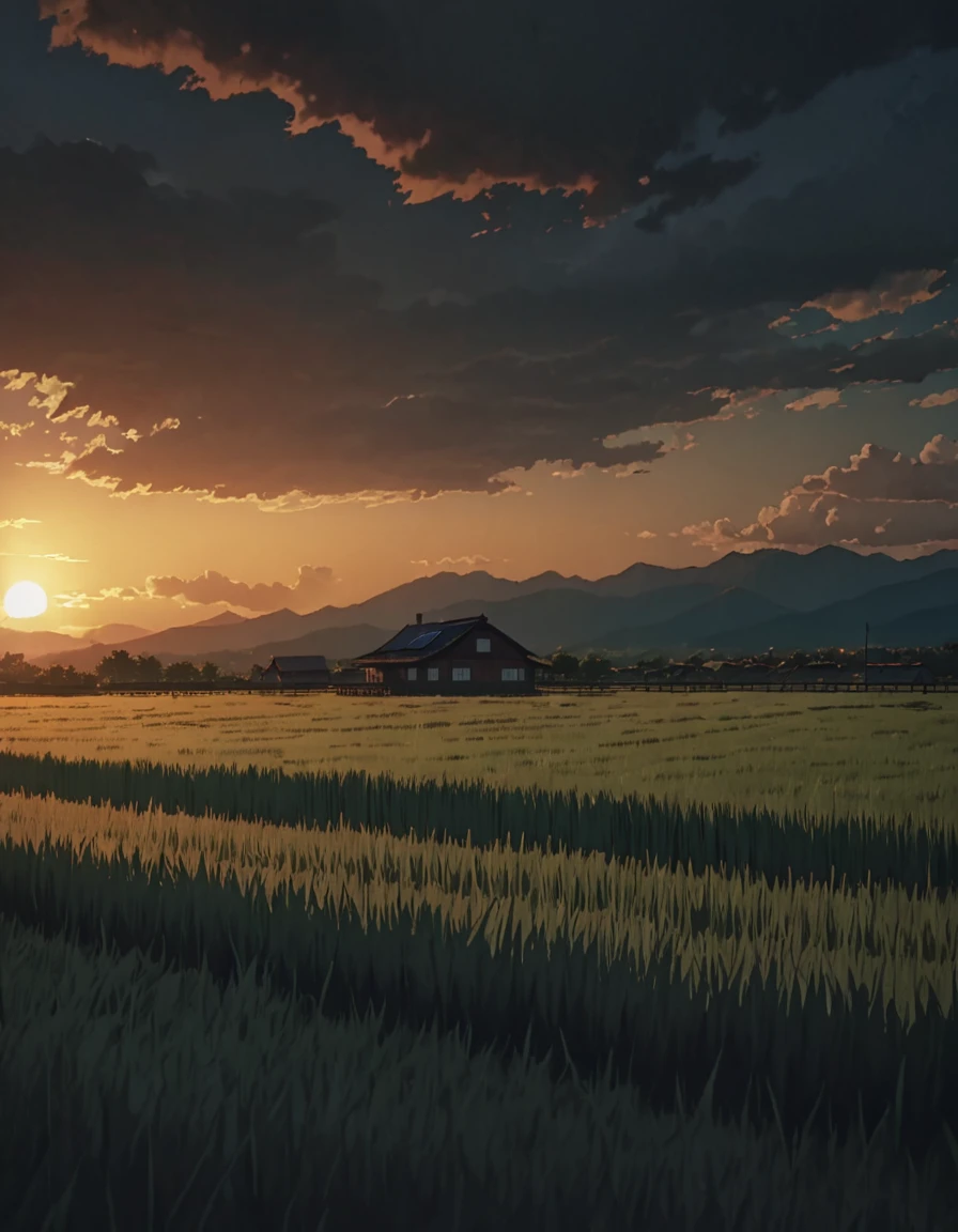 Masterpiece 8k Studio ghibli cabaña acogedoraMasterpiece 8k Studio ghibli cabaña acogedora A serene landscape of a grass field under a hellish sky with clouds. shadow, sunset natural light lighting!!!!! solar 8khdr!!!! shadow, sunset natural light lighting!!!!! noche media luna  8khdr!!!!