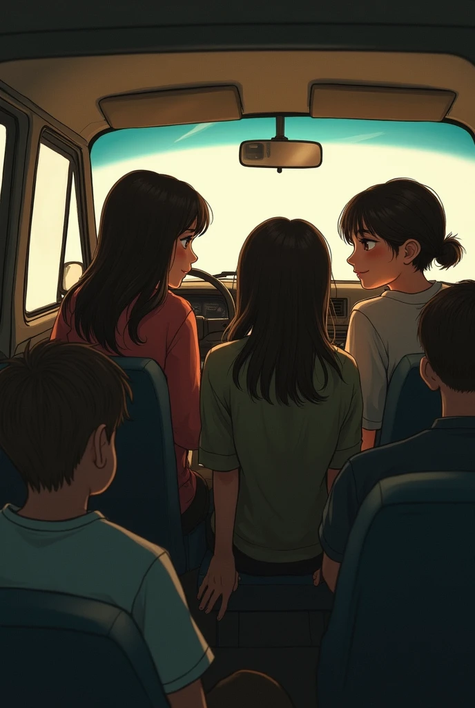 A 2 girl and a 2 boy sitting inside a van back seet, girl looking at forward and boy looking at the girl