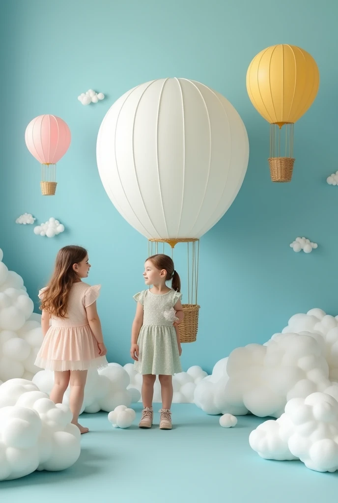 I want to create a photo scenario.  Closed location with photo backdrop for a children&#39;s clothing campaign. wall in a very light baby blue tone, with a big hot air balloon with lots of balloons and a straw basket, the balloons in white tones, light pink, light yellow, light blue and light green. Very light colors. Around the balloon, little white clouds. More shade of blue
