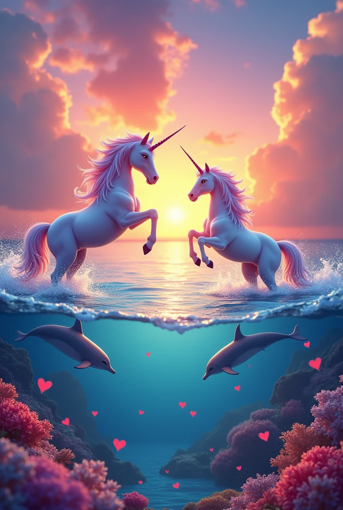 Unicorns with dolphins and corals and happy hearts with many colors in a sunset above the water the unicorns and dolphins jumping above the water