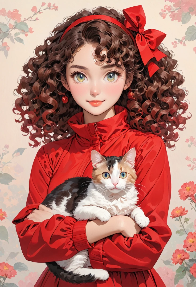 A young -skinned woman with curly hair with eyes in a red outfit holding a cat in her arms