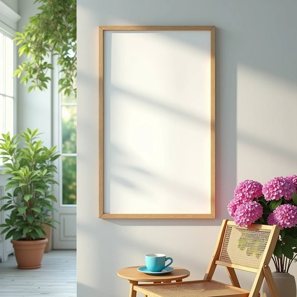 A hyper-realistic HDR scene of a bright and airy interior space with vibrant, vivid colors and a cheerful atmosphere. The focus is on a single vertical DIN A frame with a blank canvas (no design) and a natural wooden border, hanging on a light gray wall. The room is filled with crisp, clear colors – from the lush, green garden visible through open glass doors to the bright blue coffee cup resting on a wooden chair with a woven seat. Below the frame, the chair adds warmth with its natural wood tones. A small wooden table nearby holds a potted plant with blooming hydrangeas in rich, vibrant hues. The scene is bathed in natural light, creating a joyful and inviting environment that highlights the blank frame in this lively home decor setting