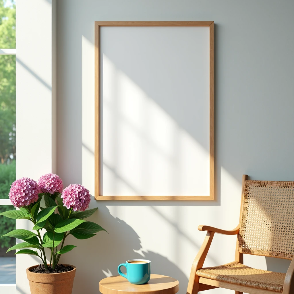 A hyper-realistic HDR scene of a bright and airy interior space with vibrant, vivid colors and a cheerful atmosphere. The focus is on a single vertical DIN A frame with a blank canvas (no design) and a natural wooden border, hanging on a light gray wall. The room is filled with crisp, clear colors – from the lush, green garden visible through open glass doors to the bright blue coffee cup resting on a wooden chair with a woven seat. Below the frame, the chair adds warmth with its natural wood tones. A small wooden table nearby holds a potted plant with blooming hydrangeas in rich, vibrant hues. The scene is bathed in natural light, creating a joyful and inviting environment that highlights the blank frame in this lively home decor setting