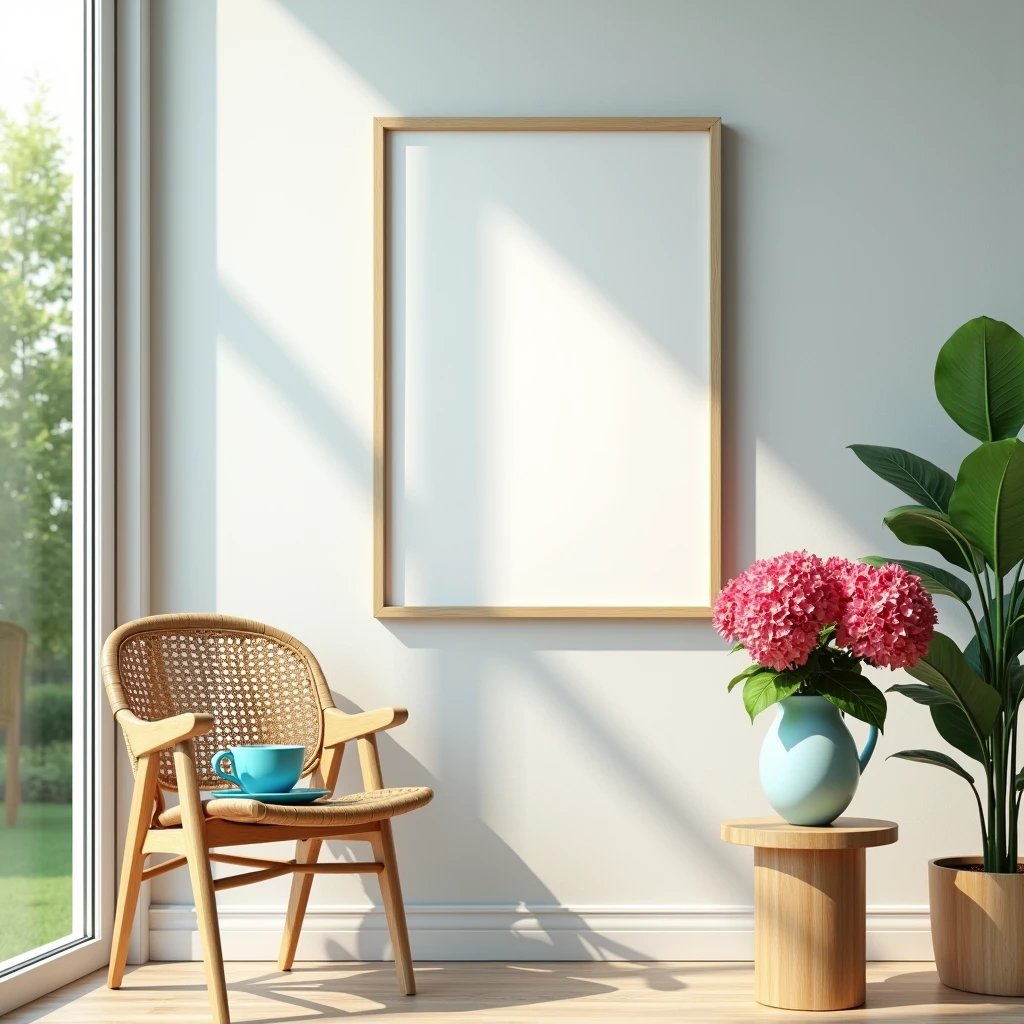 A hyper-realistic HDR scene of a bright and airy interior space with vibrant, vivid colors and a cheerful atmosphere. The focus is on a single vertical DIN A frame with a blank canvas (no design) and a natural wooden border, hanging on a light gray wall. The room is filled with crisp, clear colors – from the lush, green garden visible through open glass doors to the bright blue coffee cup resting on a wooden chair with a woven seat. Below the frame, the chair adds warmth with its natural wood tones. A small wooden table nearby holds a potted plant with blooming hydrangeas in rich, vibrant hues. The scene is bathed in natural light, creating a joyful and inviting environment that highlights the blank frame in this lively home decor setting
