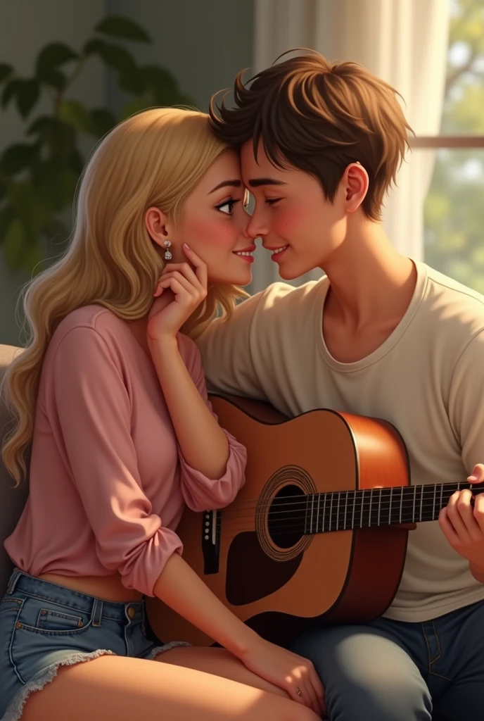 a couple with a blonde woman with freckles on her cheeks pulling at her nose,Light brown eyes, Light brown eyes e sobrancelhas arqueadas sentada no sofá de short jeans e camisa rosa, all in love looking at her husband who is by her side playing the guitar.His hair is very short, black and parted to the side and I want his freckles to be very visible.
