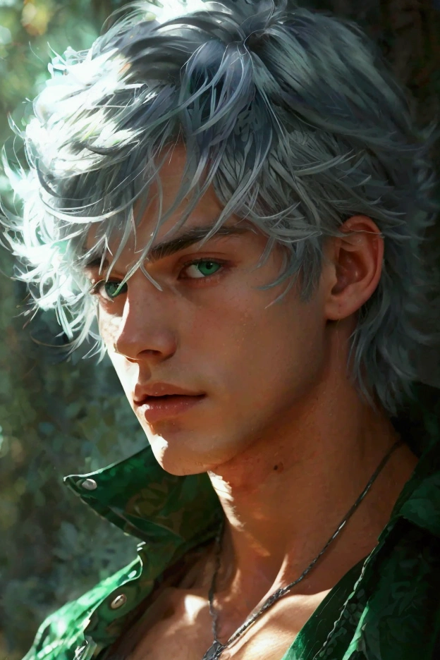 man who is 20 years old, Masculine traits. the man is handsome, silver colored hair, green hunter eyes, Beautiful angel, hot body , sexy body, sexy passionate