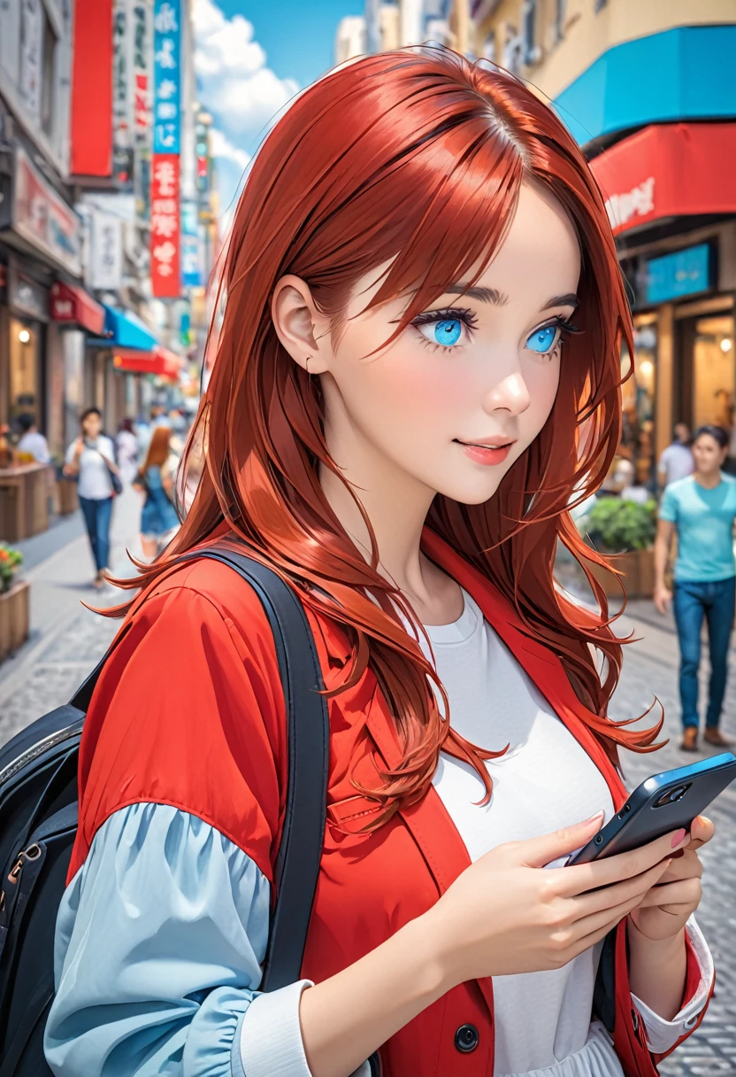 meeting, woman, casual wear, touching smartphone, looking at smartphone, city, red hair and blue eyes