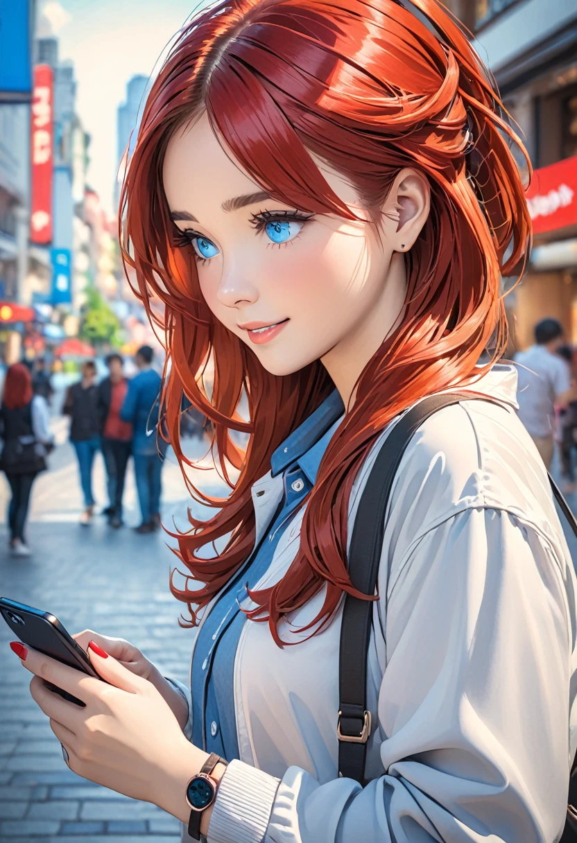 meeting, woman, casual wear, touching smartphone, looking at smartphone, city, red hair and blue eyes
