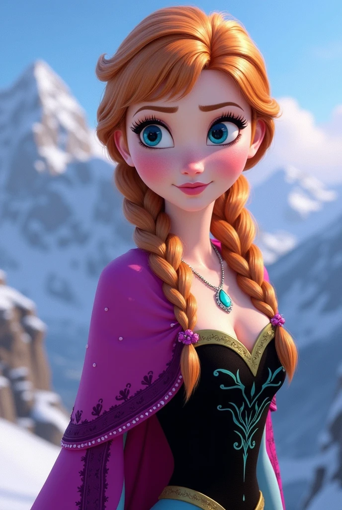 Draw Anna from Frozen with big boobs topless realistic version on the mountain