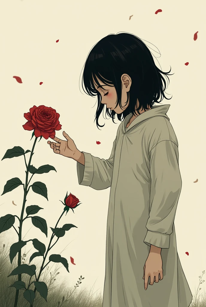 Make me a person picking a withered rose in manga version
