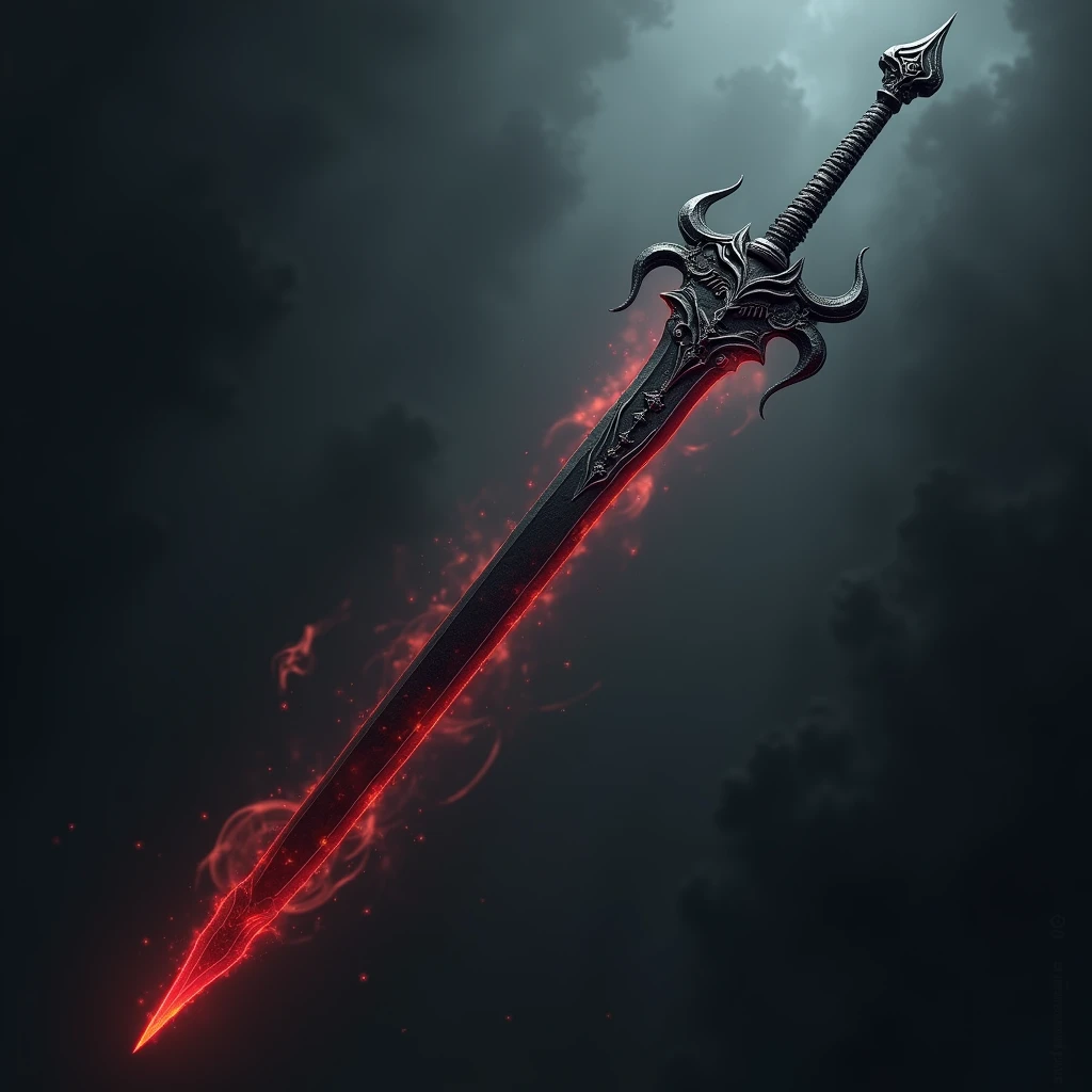 hyperrealistic, a long sword with the black obsidian blade, the red tip from the burning heat it gives off, floating in the air, shadow swirling around the sword