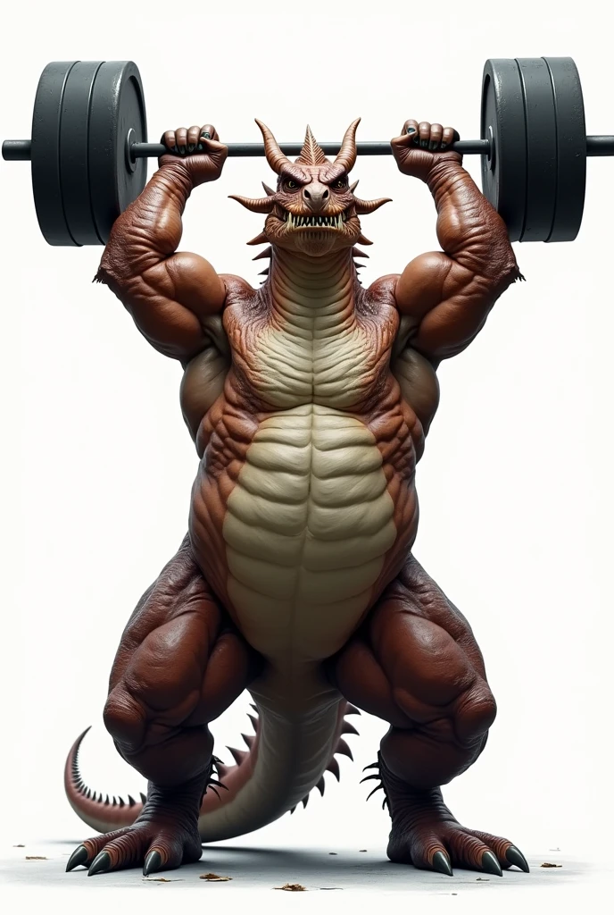 create an image of a dragon with an expression of effort, that he looks fat and muscular with weights in his raised hands and a white background