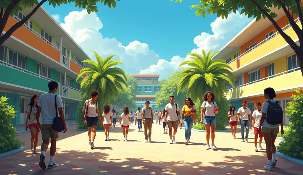 A school with diverse high school students, walking around the campus, act naturally in Brazil