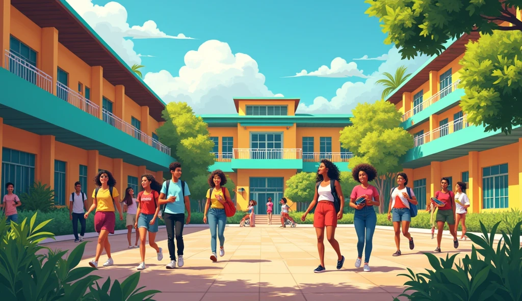 A school with diverse high school students, walking around the campus, act naturally in Brazil