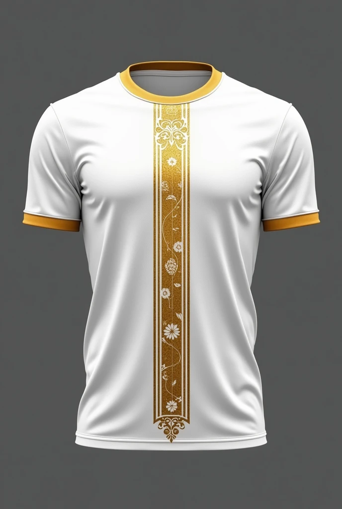 Mockup of a white and gold sports t-shirt, with ornaments in a vertical line in the center