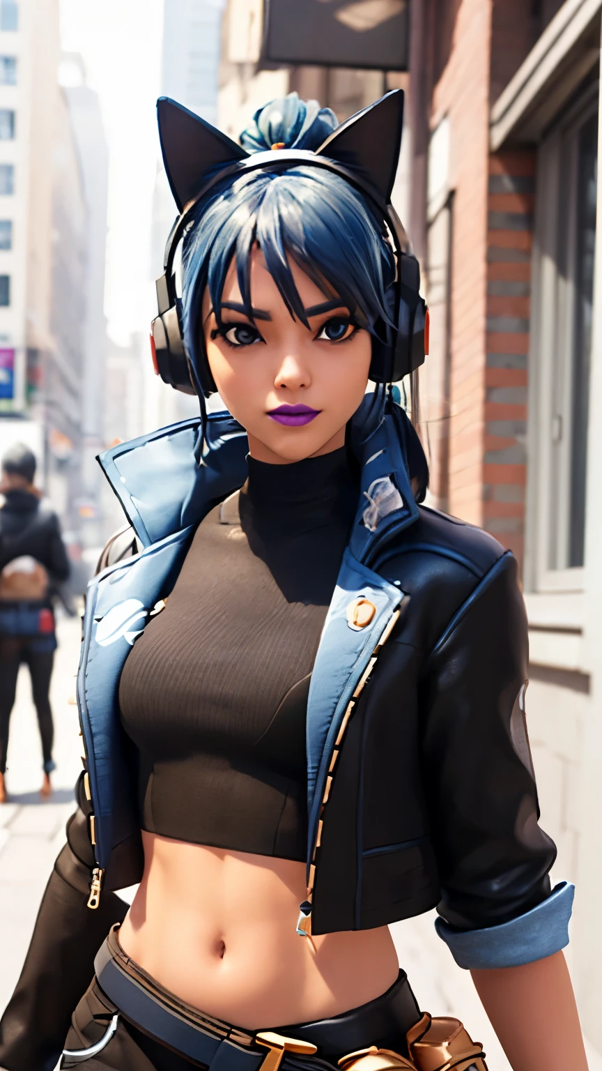 City background, 1girl, solo, HeroicHopeFN, Heroic Hope from fortnite, (crop top, black top, open clothes), (jacket crop top, black jacket, blue loose, jacket loose), fingerless gloves, black pants, blue belt, blue hair, ponytail, blue eyes, headphones, cat ears headphones, holster, holster spray cans, purple lips, lipsticks, smirk, upper body, looking at viewer,