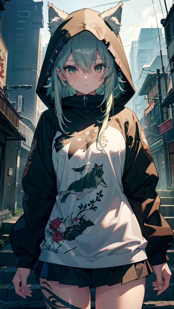 One girl, accessories, Tattoo High Resolution, masterpiece, Anatomically correct, accurate, Winner of numerous awards, 最高quality, detail, 高いdetail, High-resolution model, 高quality, quality, Very detailed, Retina, Ultra high definition, Green Hair, Silver Hair , Wolf Ears, Animal shaped hood, anime, Long sleeve
