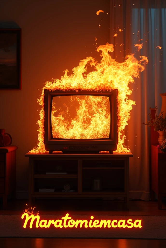 GENERATE IMAGE WITH NAME CLASS EDITING I want you to bring me a television on fire in a room with the title below with the words MaratoneiEmCasa 