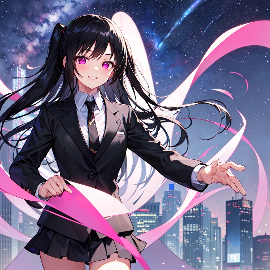 masterpiece, best quality, high quality, extremely detailed, very delicate and beautiful, (1 female 1 solo:1.5), (two side up long black hair:1.5), bangs to eyebrows, eyes sharp and bright (eye color magenta:1.3), 6.5 head height, (office lady in black suit and tight mini skirt:1.3), (knee socks), (lace), (standing), (dynamic pose), (smiling), (background skyscraper rooftop:1.3), (Milky Way Night Sky:1.3), (upper body:1.3)