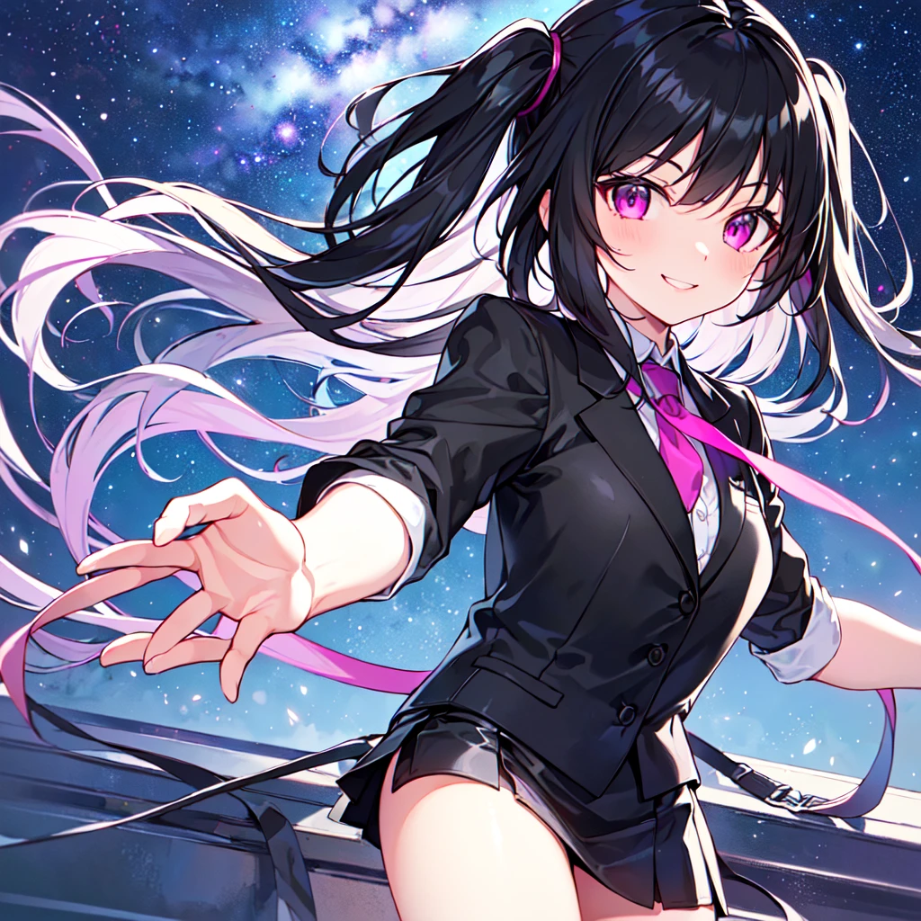 masterpiece, best quality, high quality, extremely detailed, very delicate and beautiful, (1 female 1 solo:1.5), (two side up long black hair:1.5), bangs to eyebrows, eyes sharp and bright (eye color magenta:1.3), 6.5 head height, (office lady in black suit and tight mini skirt:1.3), (knee socks), (lace), (standing), (dynamic pose), (smiling), (background skyscraper rooftop:1.3), (Milky Way Night Sky:1.3), (upper body:1.3)