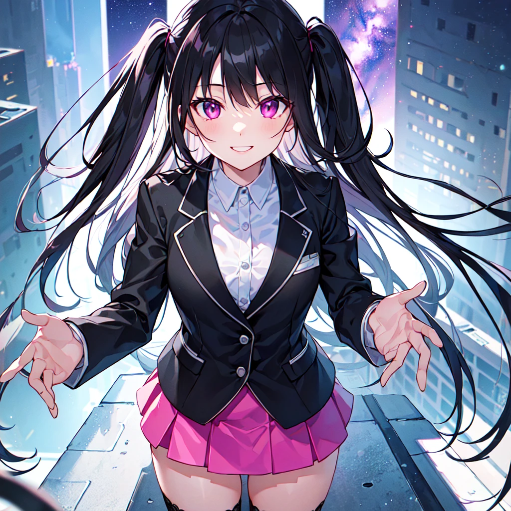 masterpiece, best quality, high quality, extremely detailed, very delicate and beautiful, (1 female 1 solo:1.5), (two side up long black hair:1.5), bangs to eyebrows, eyes sharp and bright (eye color magenta:1.3), 6.5 head height, (office lady in black suit and tight mini skirt:1.3), (knee socks), (lace), (standing), (dynamic pose), (smiling), (background skyscraper rooftop:1.3), (Milky Way Night Sky:1.3), (upper body:1.3)