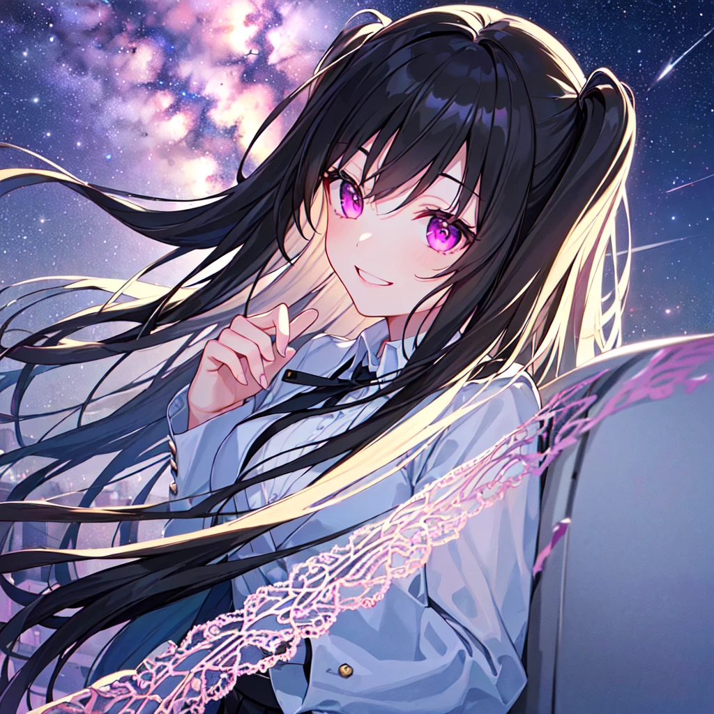 masterpiece, best quality, high quality, extremely detailed, very delicate and beautiful, (1 female 1 solo:1.5), (two side up long black hair:1.5), bangs to eyebrows, eyes sharp and bright (eye color magenta:1.3), 6.5 head height, (office lady in black suit and tight mini skirt:1.3), (knee socks), (lace), (standing), (dynamic pose), (smiling), (background skyscraper rooftop:1.3), (Milky Way Night Sky:1.3), (upper body:1.3)