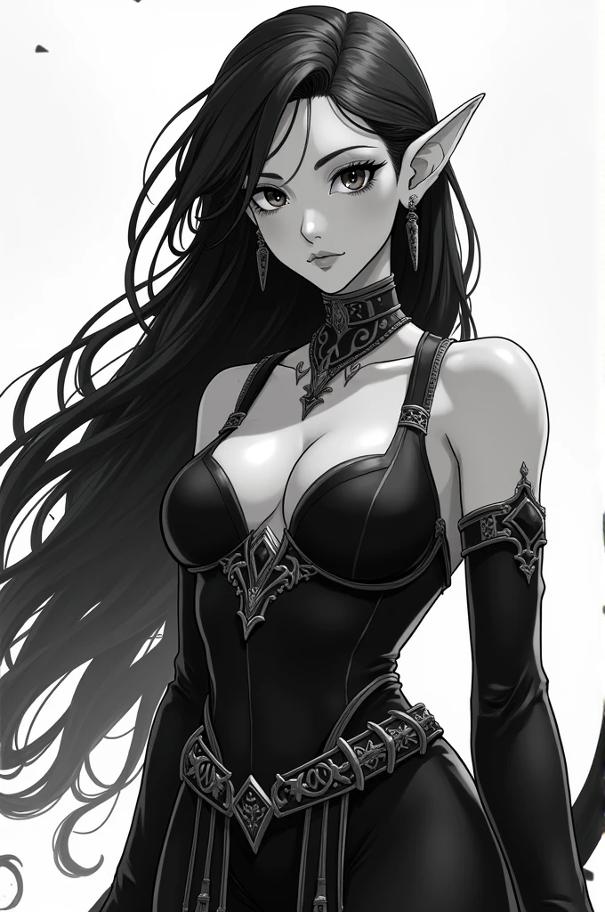 Black and white anime art of an elf woman, with big hair, Bullish, slim, busty