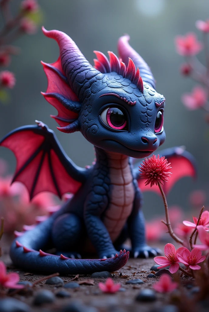 A baby dragon in black with purple gradient sitting eating Japanese death flowers