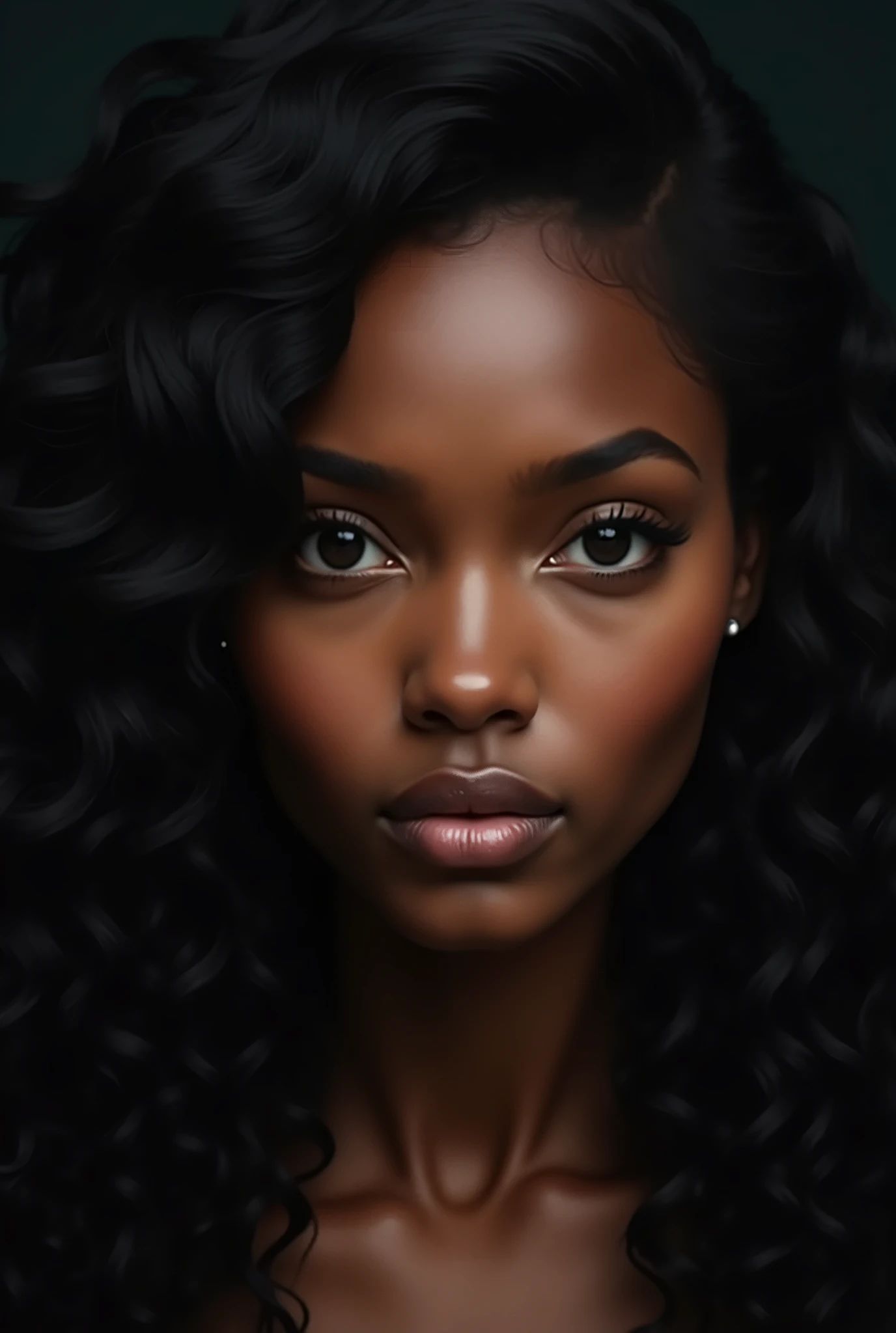 Create a dark woman, long curly black hair, big nose, straight eyebrows, wide nose and small mouth, round face 