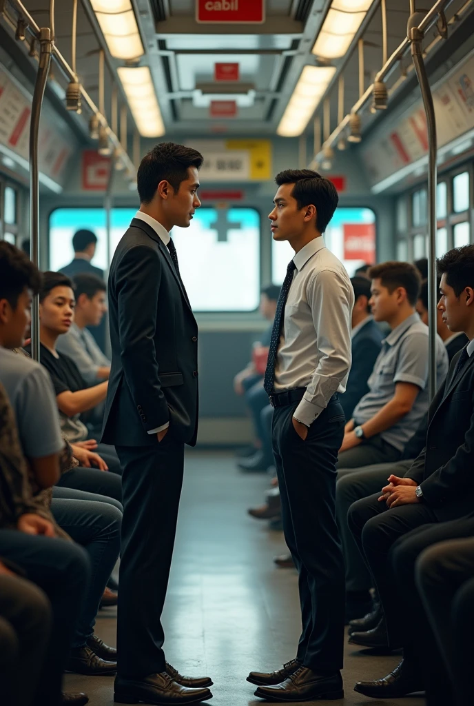 Adult office worker and young male student talking formally standing on the bus


 