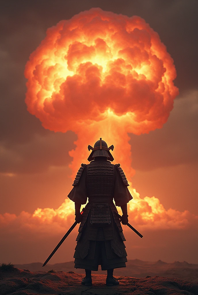 A single Japanese samurai in full traditional armor, standing against a dramatic backdrop of a nuclear explosion. The samurai holds a katana, and his armor is detailed with intricate patterns and dark colors. The explosion in the background creates a massive mushroom cloud, casting an intense glow over the scene. The sky is filled with dark, billowing clouds, and the ground beneath the samurai is slightly cracked, emphasizing the destructive power of the explosion. The overall mood is tense, with a strong contrast between the ancient warrior and the modern devastation.