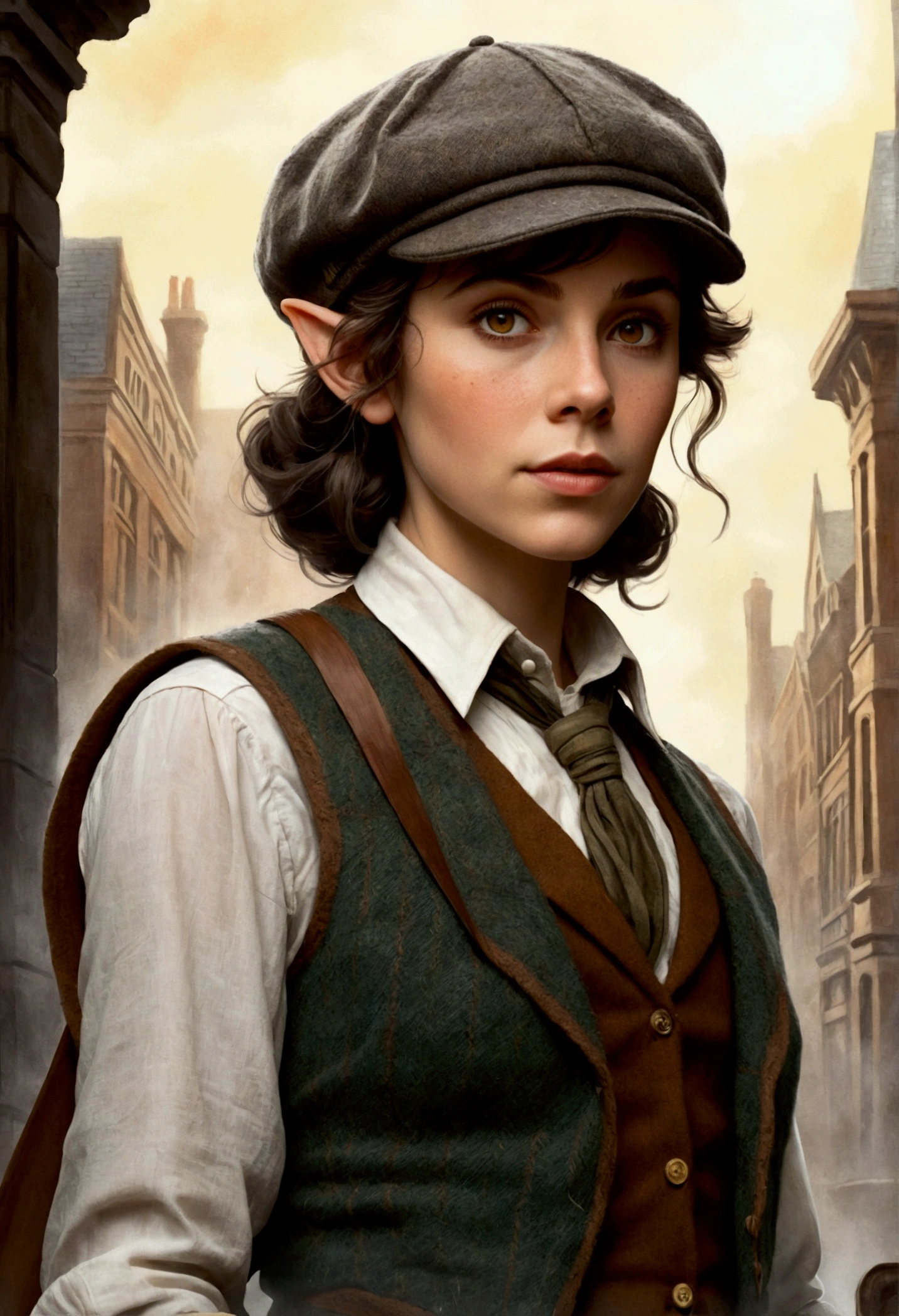 An illustrated movie poster, hand-drawn, full color, an elven maiden, wearing a tweed vest and a newsie cap, tall, toned, amazonian stature, athletic hourglass figure, long pointy elf ears, amber eyes, dark hair, shaggy bob cut, deep sun-tanned skintone, freckles, standing on a foggy Victorian-era street corner, graphite shading, stencil marks, airbrushed acrylic paint, masterpiece, in the style of Sherlock Holmes, elf ears