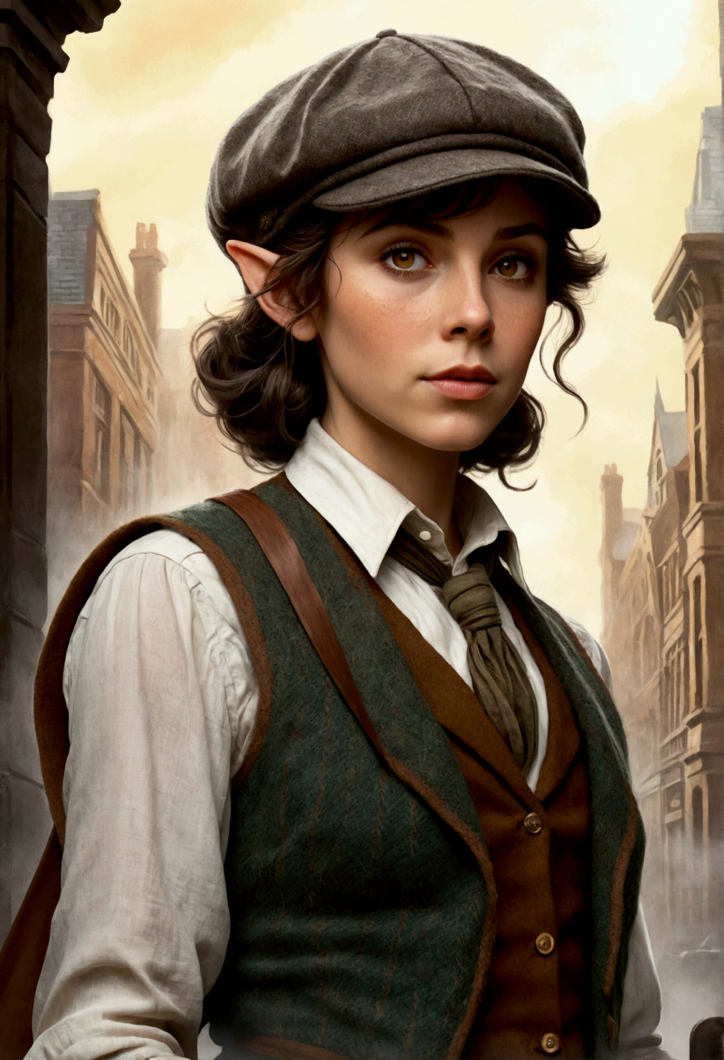An illustrated movie poster, hand-drawn, full color, an elven maiden, wearing a tweed vest and a newsie cap, tall, toned, amazonian stature, athletic hourglass figure, long pointy elf ears, amber eyes, dark hair, shaggy bob cut, deep sun-tanned skintone, freckles, standing on a foggy Victorian-era street corner, graphite shading, stencil marks, airbrushed acrylic paint, masterpiece, in the style of Sherlock Holmes, elf ears