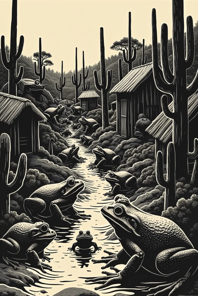 Create a series of seven detailed woodcut-style illustrations of Frogs: Draw frogs invading a small rustic village, covering the cacti and the mud houses.
the illustration must be done in woodcut style (Desenho em preto e branco) traditional, emphasizing strong contrasts, detailed textures and the roughness of the backlands landscape.