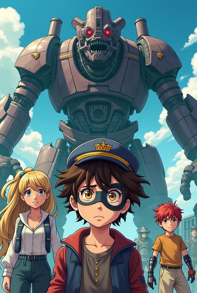 Manga style title poster featuring in the foreground a worried young boy with curly brown hair and yellow eyes dressed as a loyal gentleman with an admiral's cap and a mask covering the left half of his face , around him a beautiful blonde woman in a mechanic's outfit who smiles, a worried red-haired girl in a dress and a boy with a robotic arm with a determined look And in the background a wide shot of the huge terrifying monster made of train parts