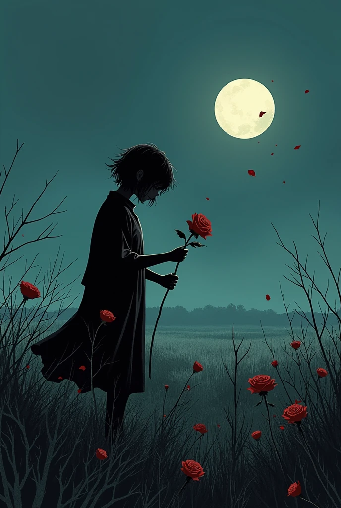 Make me a person picking a withered rose in a dark field in manga version
