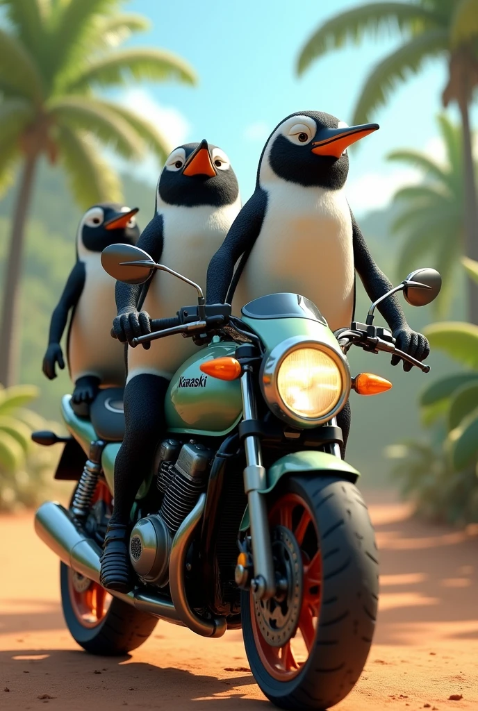 The penguins of Maladacar with a Kawasaki motorcycle in front that looks like in real life 