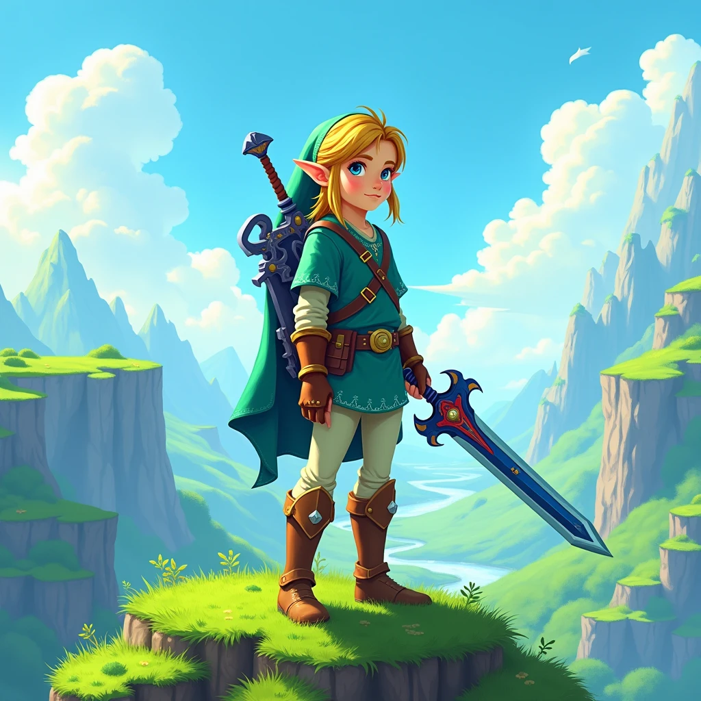 Fantasy-style digital illustration, featuring a young character Zelda Link with fair skin and blonde hair, standing on a grassy, ​​moss-covered hill. The character is dressed in medieval-style armor and clothing, holding a large, ornate sword with a blue blade and red details. The background shows a vibrant, lush landscape with towering cliffs and a bright blue sky filled with fluffy white clouds. The overall color palette is bright, with a strong emphasis on greens and blues, creating a sense of adventure and exploration .4K, anatomically correct, masterpiece, high details, award winning, high quality, super detail, best quality, 8k