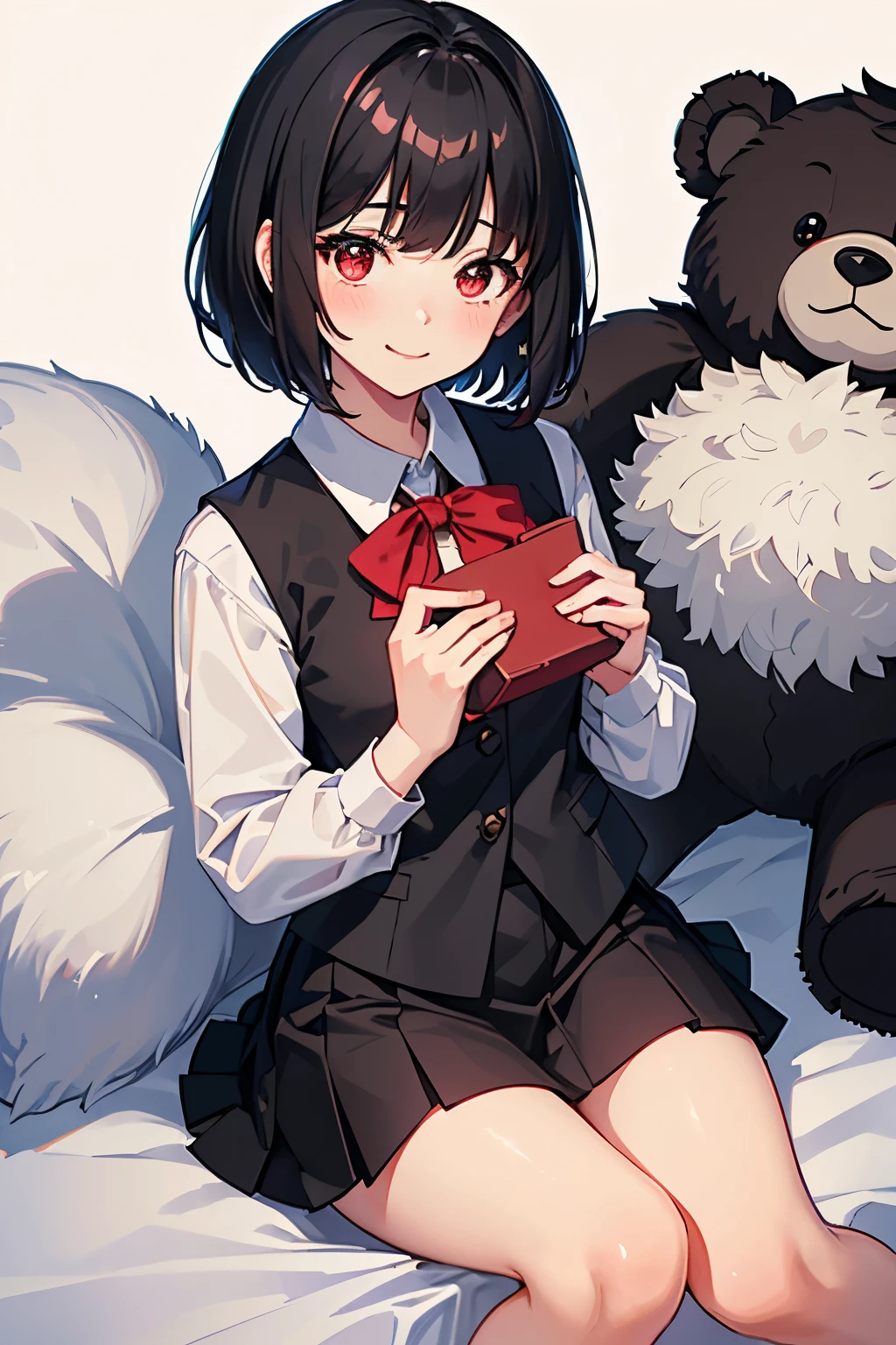 1 stunningly beautiful smiling college girl, blushing, short black hair, bob cut, wearing a Japanese school uniform, red eyes, Alice the bully, 18 yo, ((short black skirt)), toned legs, red bow, ((light gray closed vest)), cradling a ((fluffy black teddy bear)) sitting,