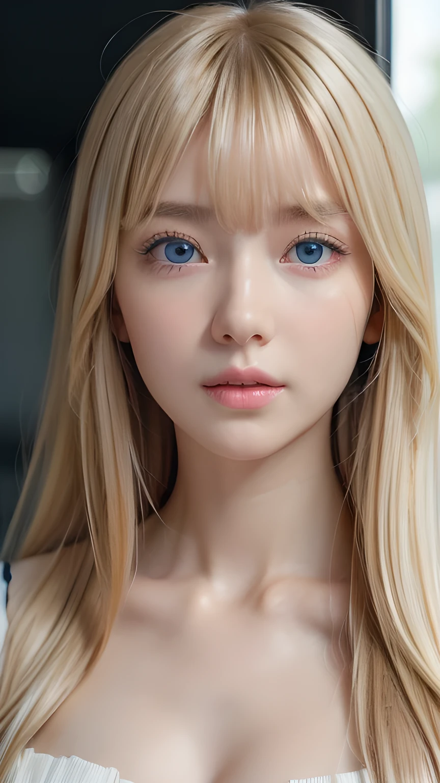Highest quality、8K masterpiece、Ultra-high resolution、(Realistic:1.3)、RAW Photos、 A beautiful girl with mysteriously shining blonde hair of Nordic descent、Silvery blonde hair、Super long straight hair、Bangs between the eyes、Bangs that fall over the eyes、Bangs over one eye、Bangs between the eyes、Incredibly white, glowing skin、1. Cyberpunk Super Beautiful Soldier、((Ultra-Realistic Details))、Portraiture、Global Illumination、Shadow Realm、Octane Rendering、8k、Ultra Sharp、metals、Cool colors、、Very intricate details、Realistic Light、Trends of the CG Association、Very beautiful big bright blue eyes、Very big eyes、Eyes shining at the camera、Neon Details、Small Face Beauty、Round face、Highlights of cheek luster、eyeliner、Double eyelids