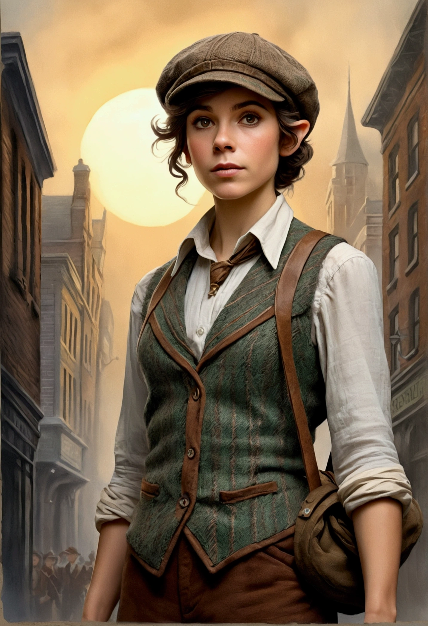 An illustrated movie poster, hand-drawn, full color, an elven maiden, wearing a tweed vest and a newsie cap, tall, toned, amazonian stature, athletic hourglass figure, long pointy elf ears, hazel eyes, dark hair, shaggy bob cut, deep sun-tanned skintone, freckles, standing on a foggy Victorian-era street corner, graphite shading, stencil marks, airbrushed acrylic paint, masterpiece, in the style of Sherlock Holmes, elf ears