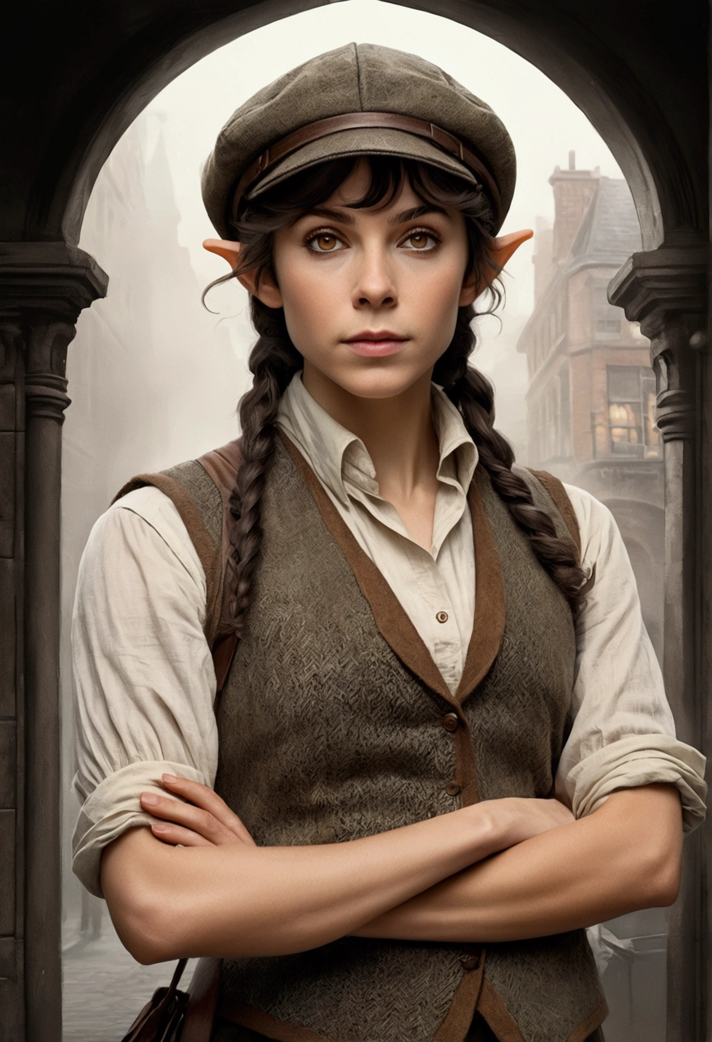 An illustrated movie poster, hand-drawn, full color, an elven maiden, wearing a tweed vest and a newsie cap, tall, toned, amazonian stature, athletic hourglass figure, long pointy elf ears, hazel eyes, dark hair, shaggy bob cut, deep sun-tanned skintone, freckles, standing on a foggy Victorian-era street corner, graphite shading, stencil marks, airbrushed acrylic paint, masterpiece, in the style of Sherlock Holmes, elf ears