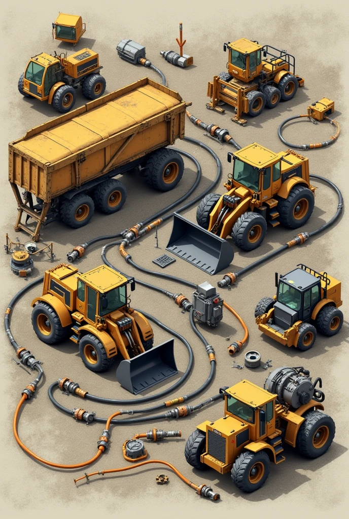 hydraulic hoses and connections and loaders and a dump truck