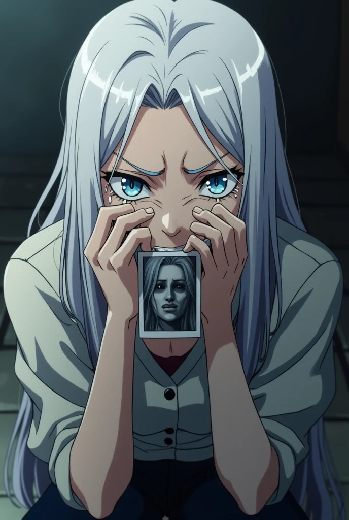 My hero Academia half body screenshot of a woman with long white hair and blue eyes. Angry Face. She is sitting on the floor covering her eyes with tears on her cheeks while holding a photograph that cannot be seen. Room background. Screenshot of my hero academia half body.