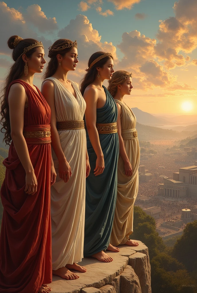 The children of the titan chrono, Hestias, Demeter, hera, hares and Poseidon looking towards the horizon, towards a mythological battlefield