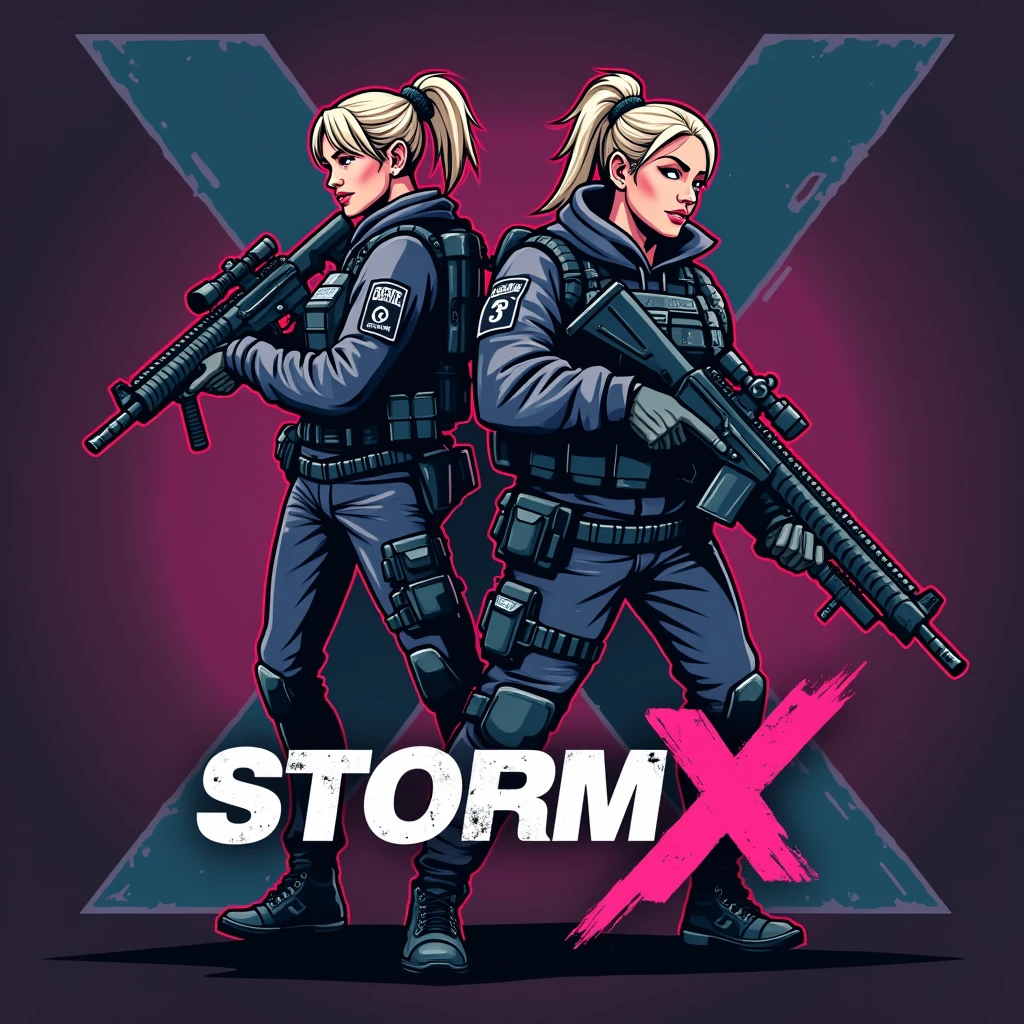 designe cartoonish cyberpunk style :  male and female call of duty soldiers with weapons in hand and the logo written "STORM X" in the middle