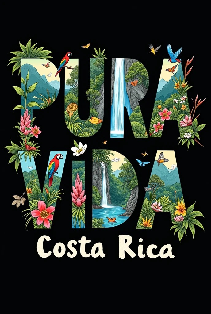 Image to print a shirt that says PURA VIDA but the background of the letter is representative animals of Costa Rica and below in a thinner and smaller letter that says Costa Rica( Landscapes and animals must be within the letters that say pure life, They cannot protrude or go beyond the edges of the letters and they have to be real.)
And I need the background of the image to be black, real landscapes and real animals