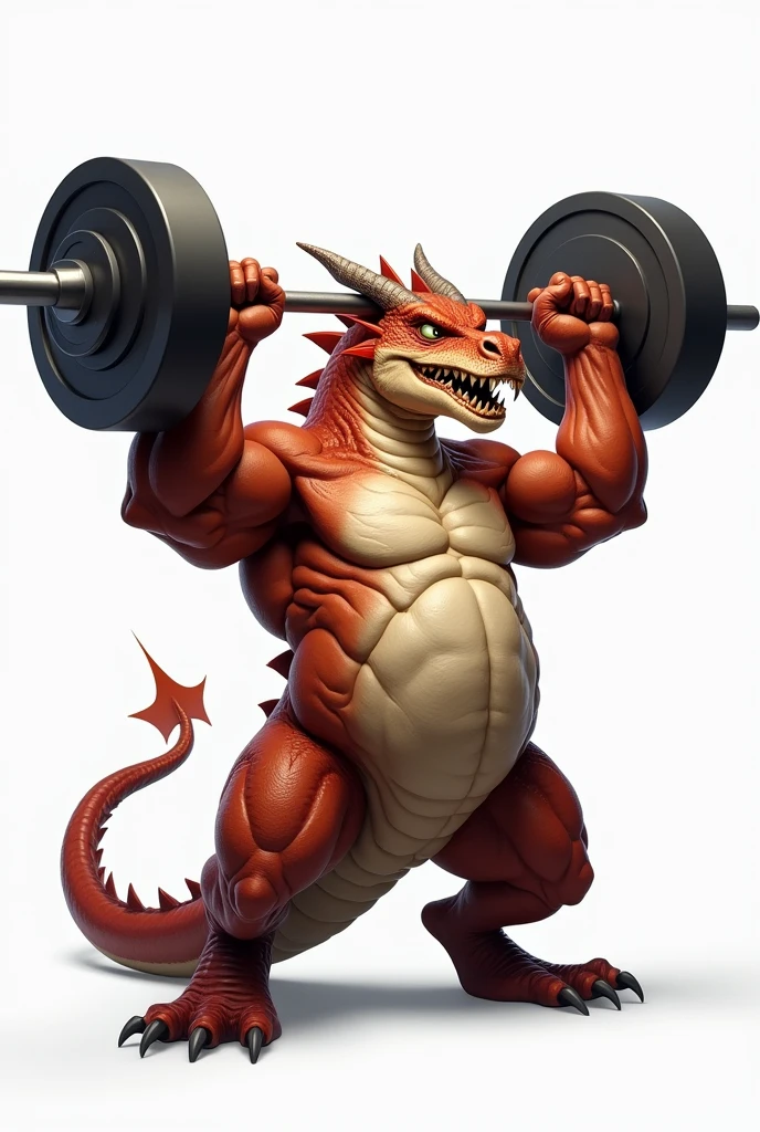 create an image of a dragon with an expression of effort, that he looks fat and muscular with weights in his raised hands and a white background, but excited