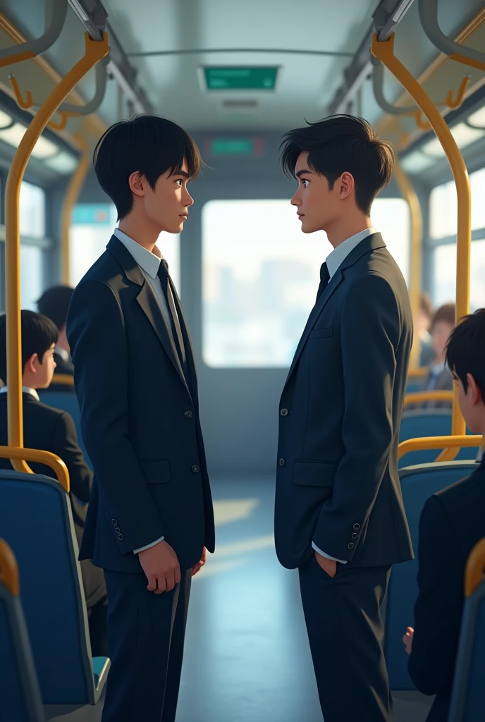 Adult office worker and young male student talking formally standing side by side on the bus


 